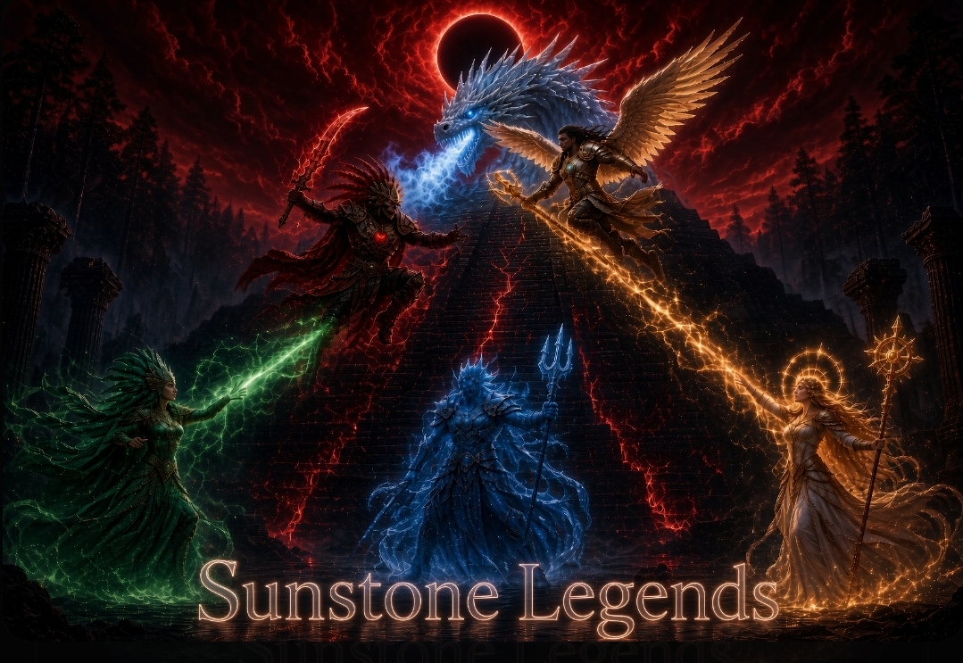 Sunstone Legends champions confronting a titan beneath the eclipsed Fifth Sun