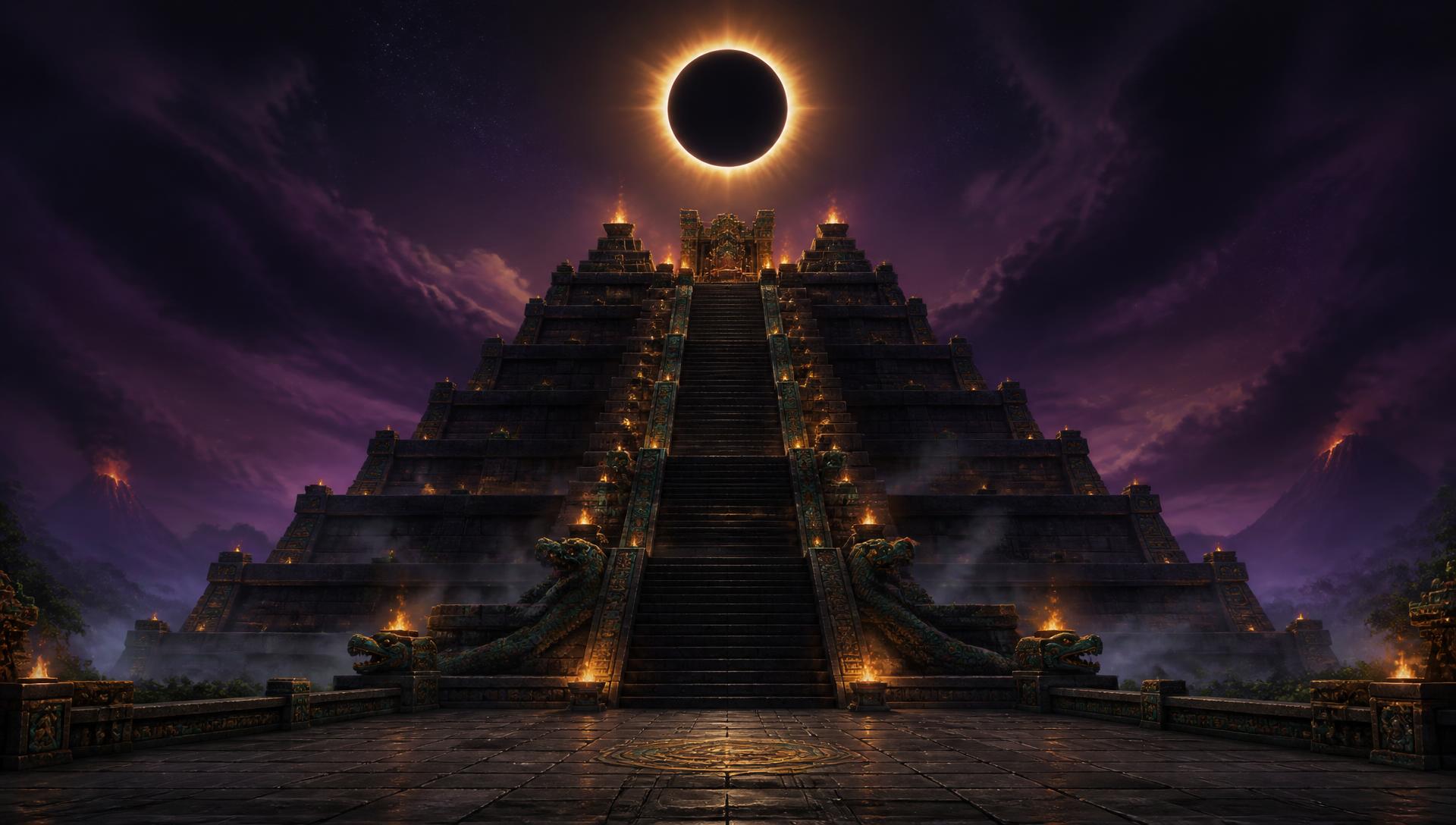 Great Aztec pyramid beneath a total solar eclipse